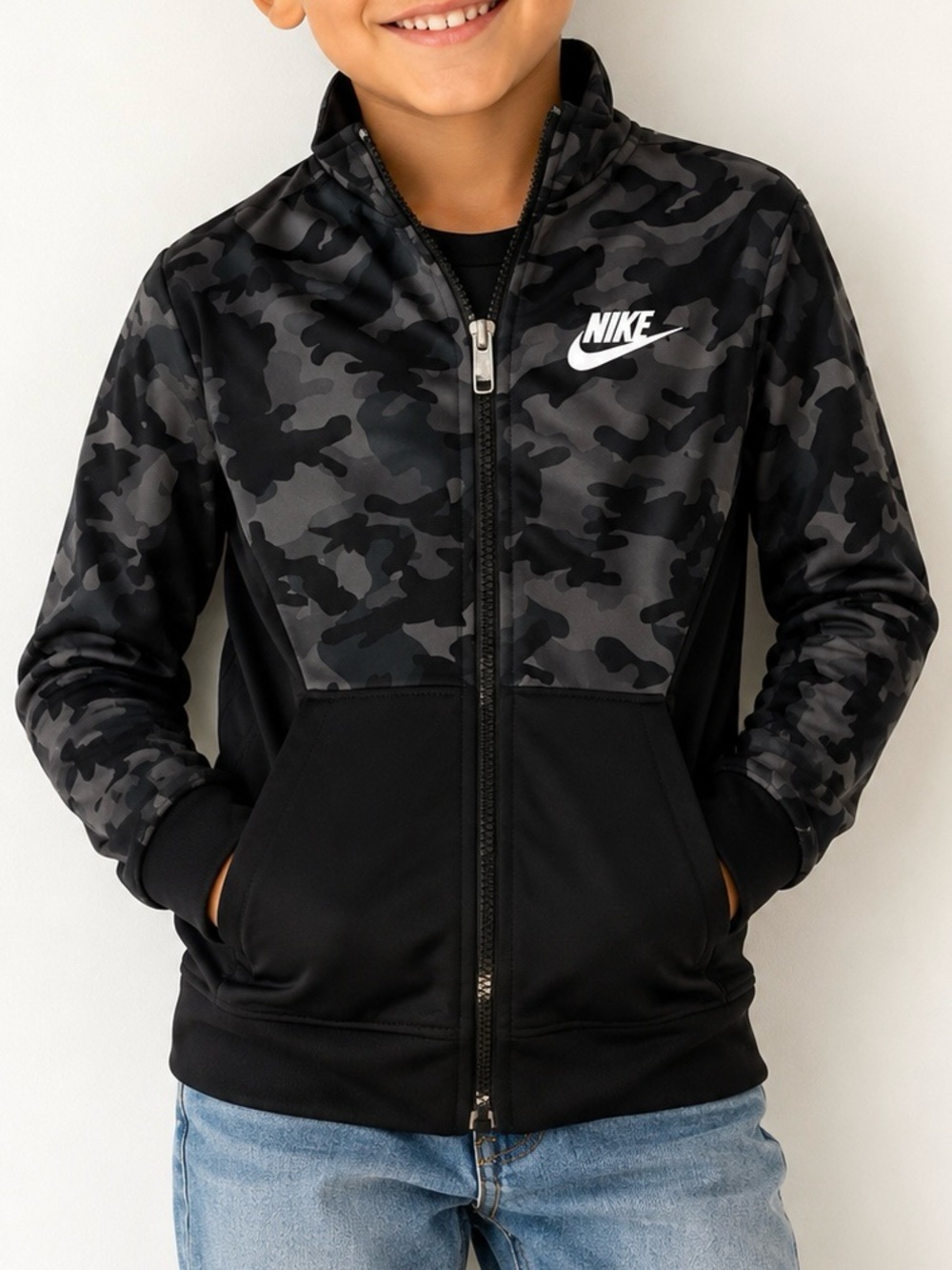 Nike Boys 5-6Y Black Gray Camo Full Zip Track Jacket Swoosh Athletic